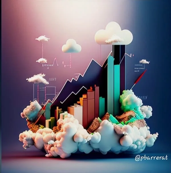 Estrategia de trading basada en el indicador el RSI. Fotografía de fantasía en 3D de un gráfico de trading, en las nubes