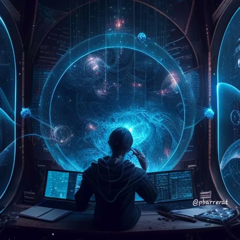 Nosotros en Quasar.Imagen 3D de una representación fantástica de un ser humano analizando datos para programar soluciones tecnológicas.