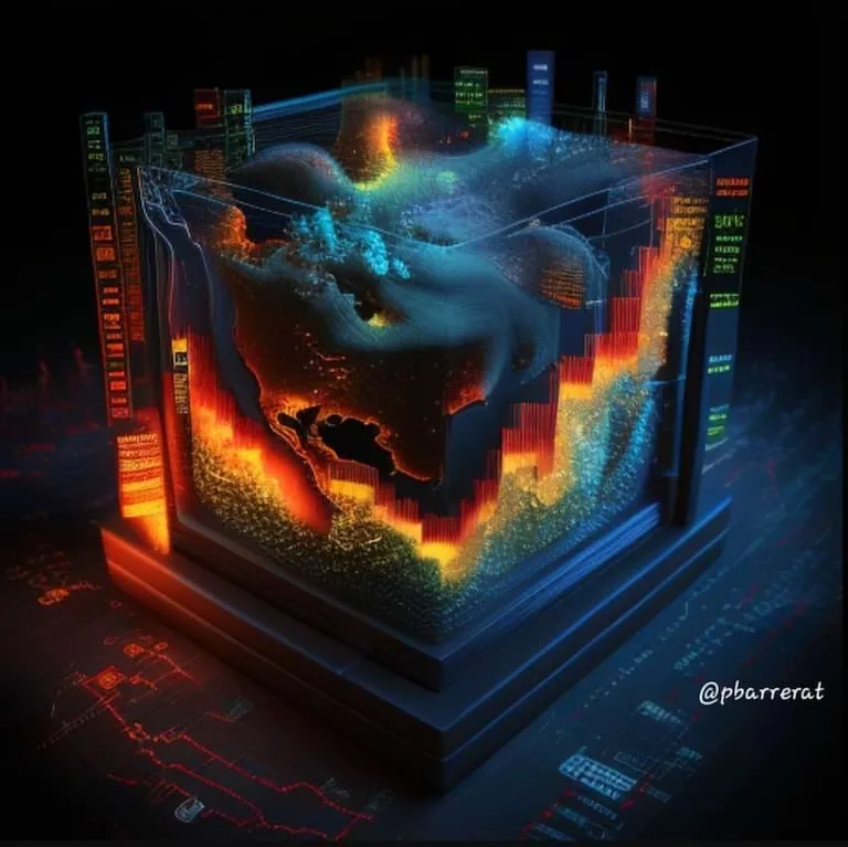 El patrón envolvente en trading.  Una fotografía en 3D de varios gráficos trading de fantasía formando un cubo también de fantasía.