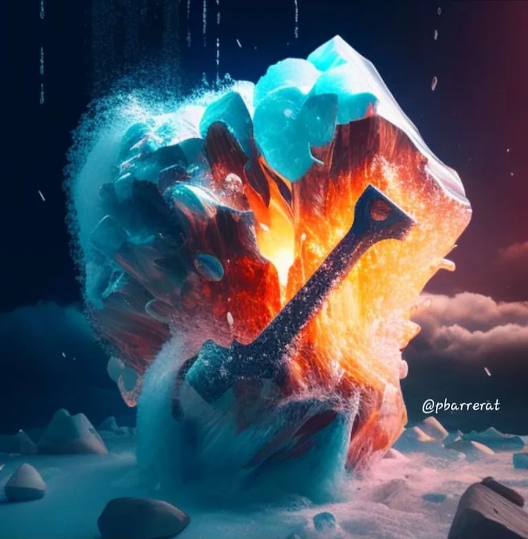 Patrón vela martillo en trading. Una fotografía en 3D de un martillo de fantasía golpeando placas de hielo en un mundo también de fantasía.